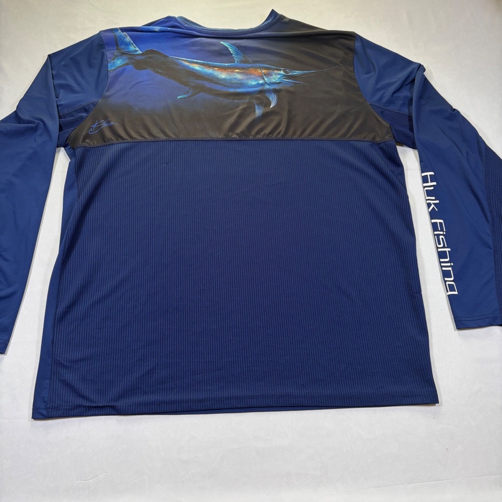 Huk Performance Fishing Shirt Mens XL Navy Blue Marlin Graphic Long Sleeve Tee - Picture 6 of 9